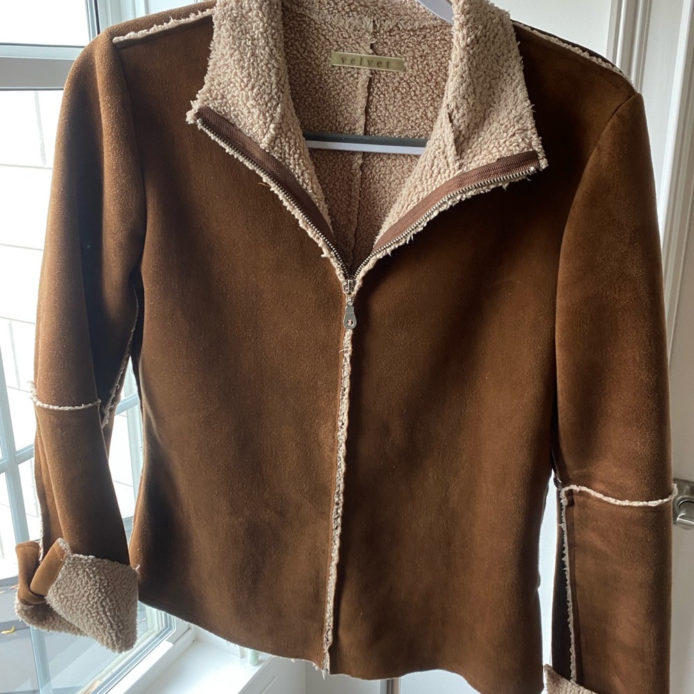 Velvet brand Suede and Sherpa lined zip up jacket, brown, size Medium